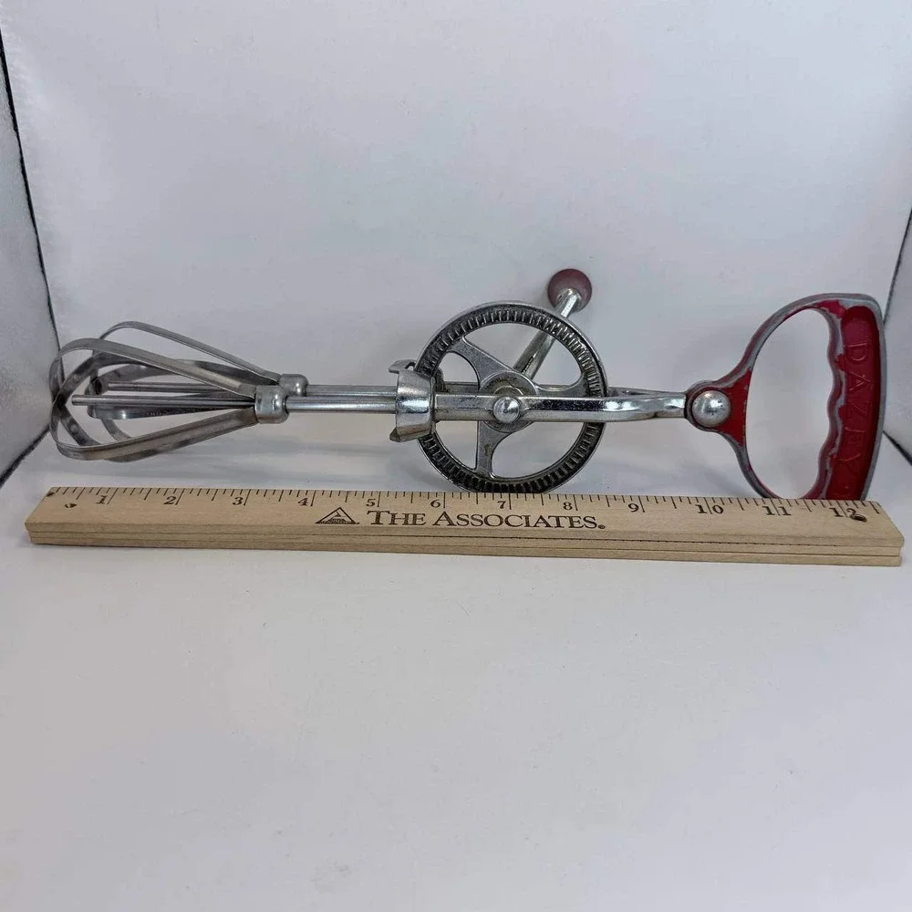 Vintage Dazey Hand Crank Egg Beater Red Handle Stainless Steel Manual Mixer USA